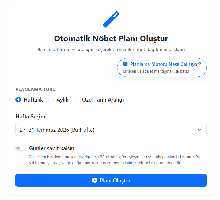 OkuPol otomatik nöbet planlama ekranı
